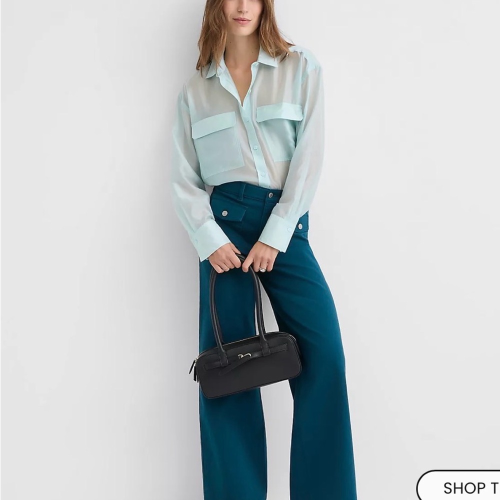 LOFT Aqua Sheer Button-Up Blouse with Teal Wide-Leg Pants